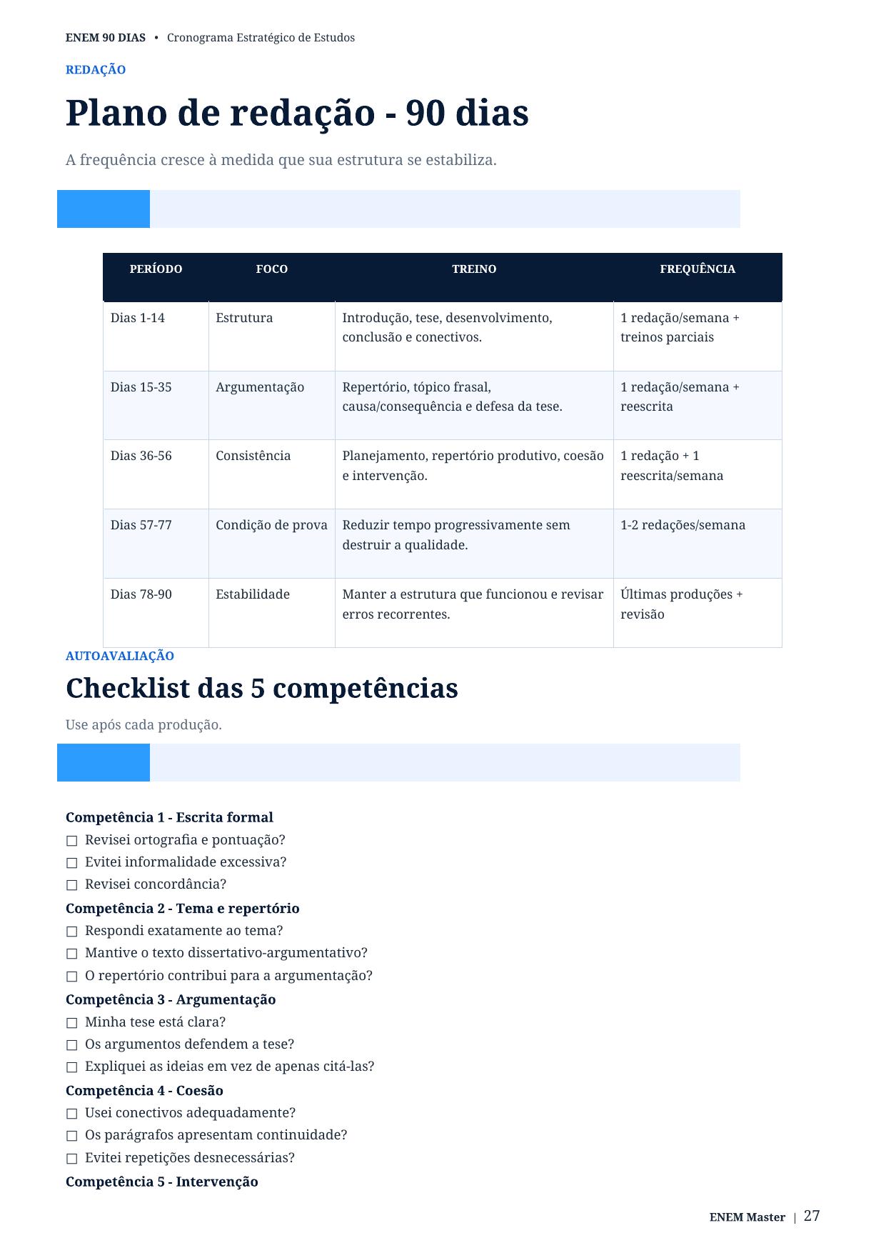 Plano de redação em 90 dias + checklist das 5 competências